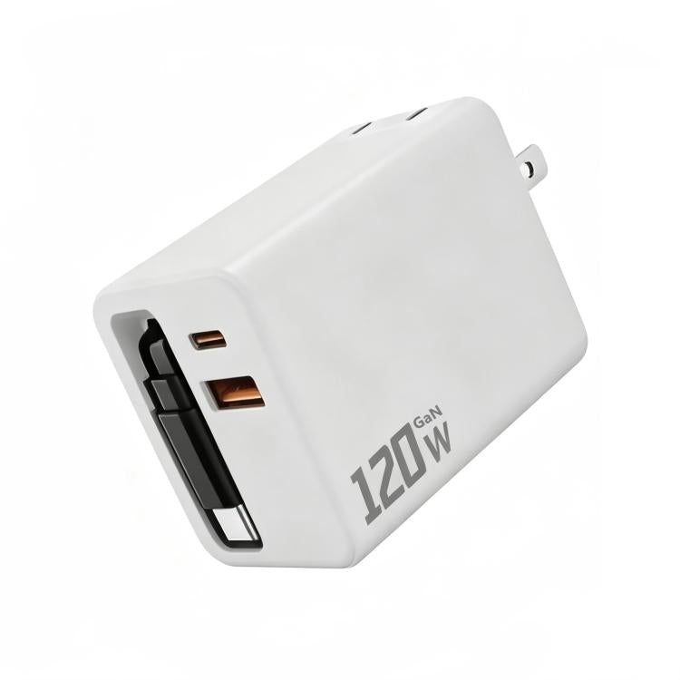 120W GaN Wall Charger with Built-in Retractable USB-C Cable 3-Port Fast Charging Block US Plug