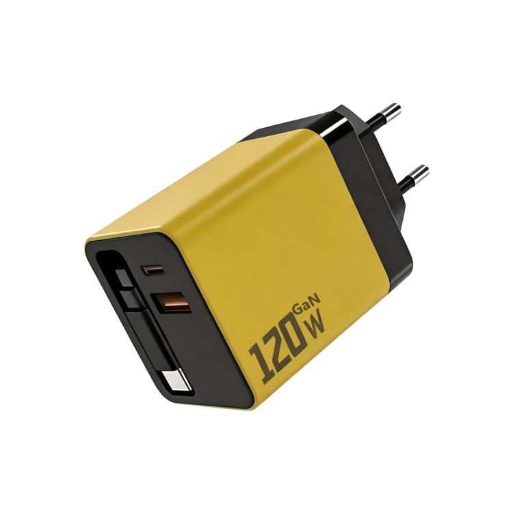 120W GaN Wall Charger with Built-in Retractable USB-C Cable 3-Port Fast Charging Block EU Plug