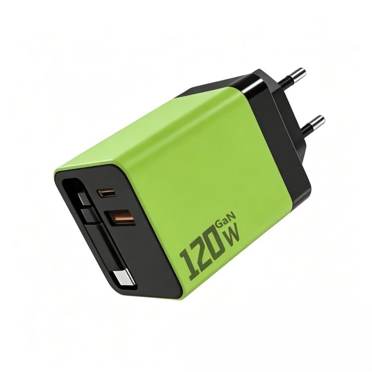120W GaN Wall Charger with Built-in Retractable USB-C Cable 3-Port Fast Charging Block EU Plug