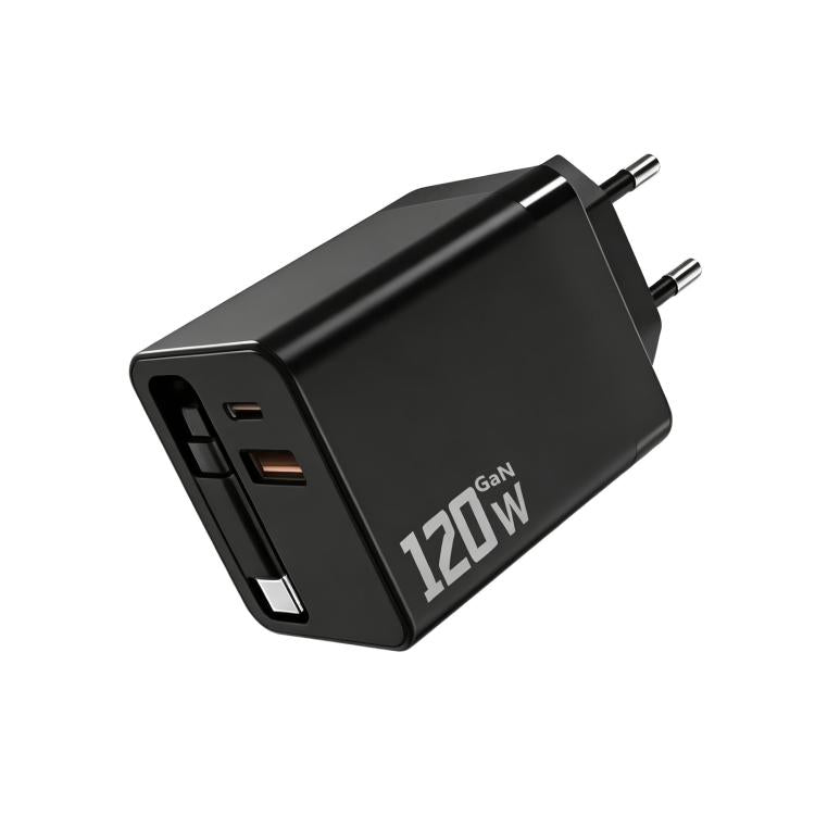 120W GaN Wall Charger with Built-in Retractable USB-C Cable 3-Port Fast Charging Block EU Plug