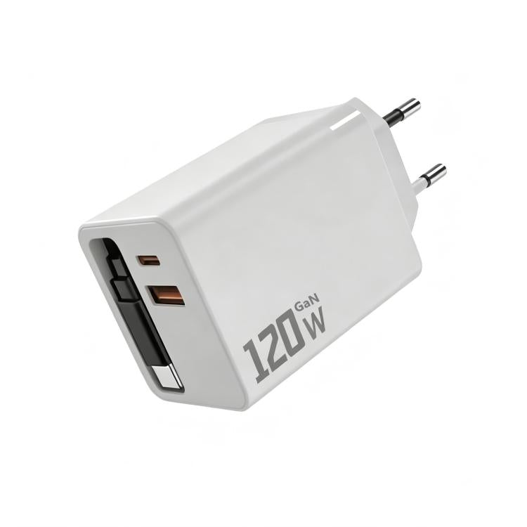 120W GaN Wall Charger with Built-in Retractable USB-C Cable 3-Port Fast Charging Block EU Plug