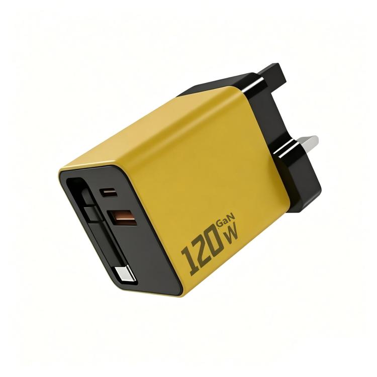 120W GaN Wall Charger with Built-in Retractable USB-C Cable 3-Port Fast Charging Block UK Plug
