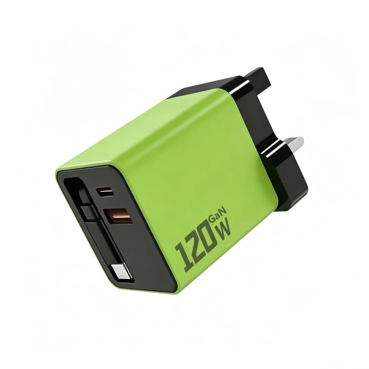 120W GaN Wall Charger with Built-in Retractable USB-C Cable 3-Port Fast Charging Block UK Plug