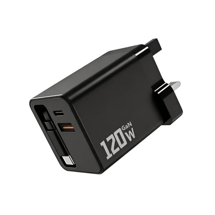 120W GaN Wall Charger with Built-in Retractable USB-C Cable 3-Port Fast Charging Block UK Plug