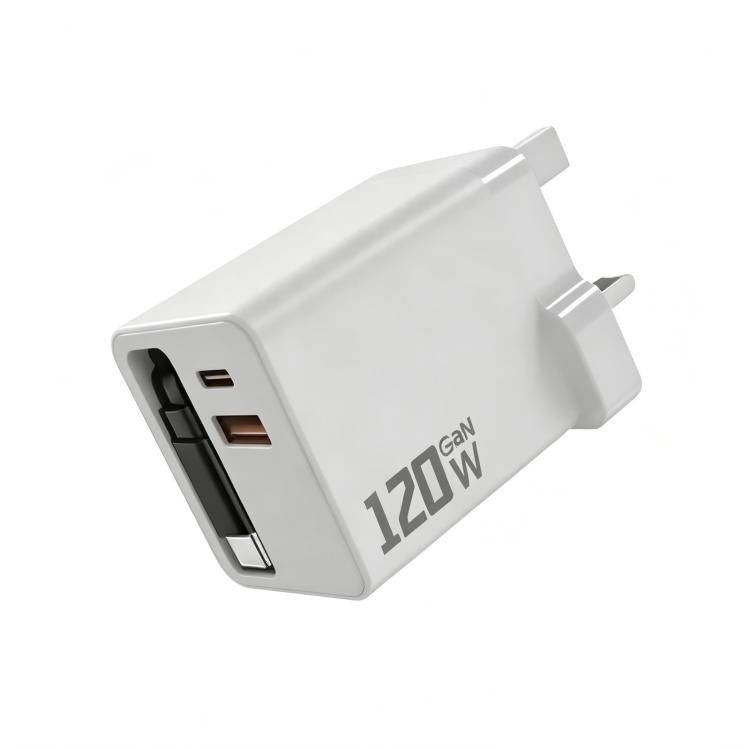 120W GaN Wall Charger with Built-in Retractable USB-C Cable 3-Port Fast Charging Block UK Plug