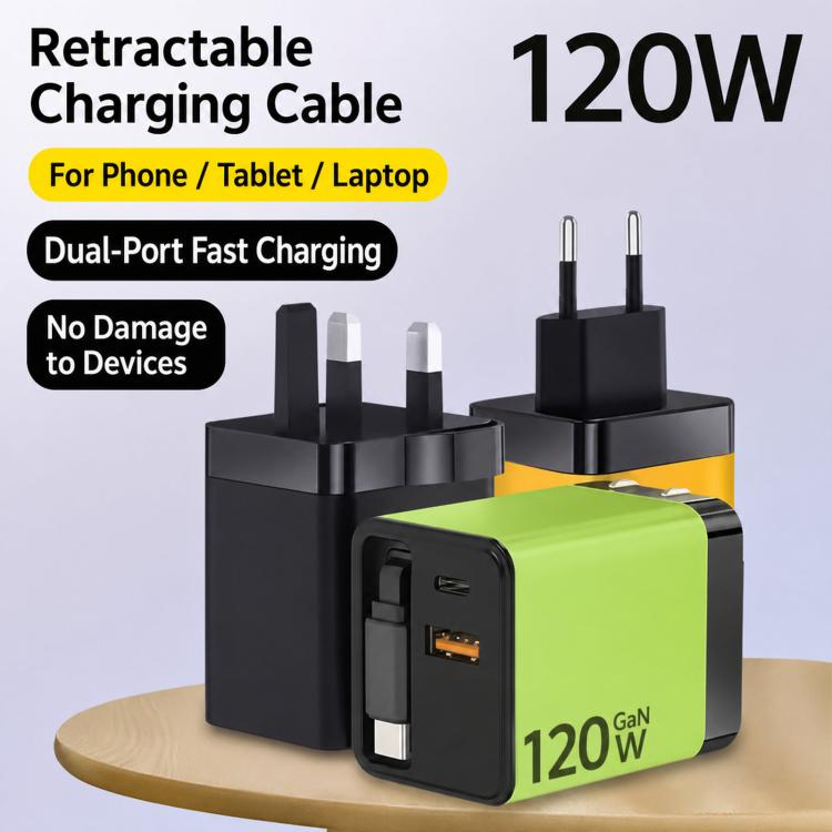 120W GaN Wall Charger with Built-in Retractable USB-C Cable 3-Port Fast Charging Block US Plug