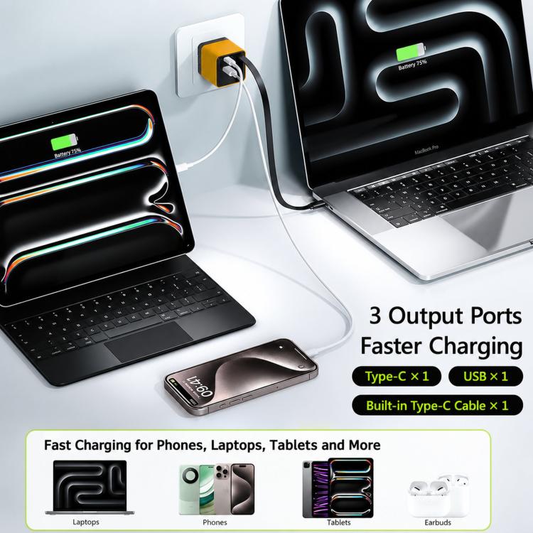120W GaN Wall Charger with Built-in Retractable USB-C Cable 3-Port Fast Charging Block US Plug