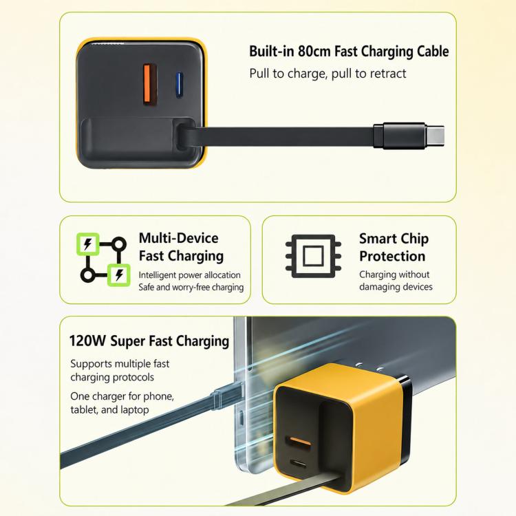 120W GaN Wall Charger with Built-in Retractable USB-C Cable 3-Port Fast Charging Block UK Plug