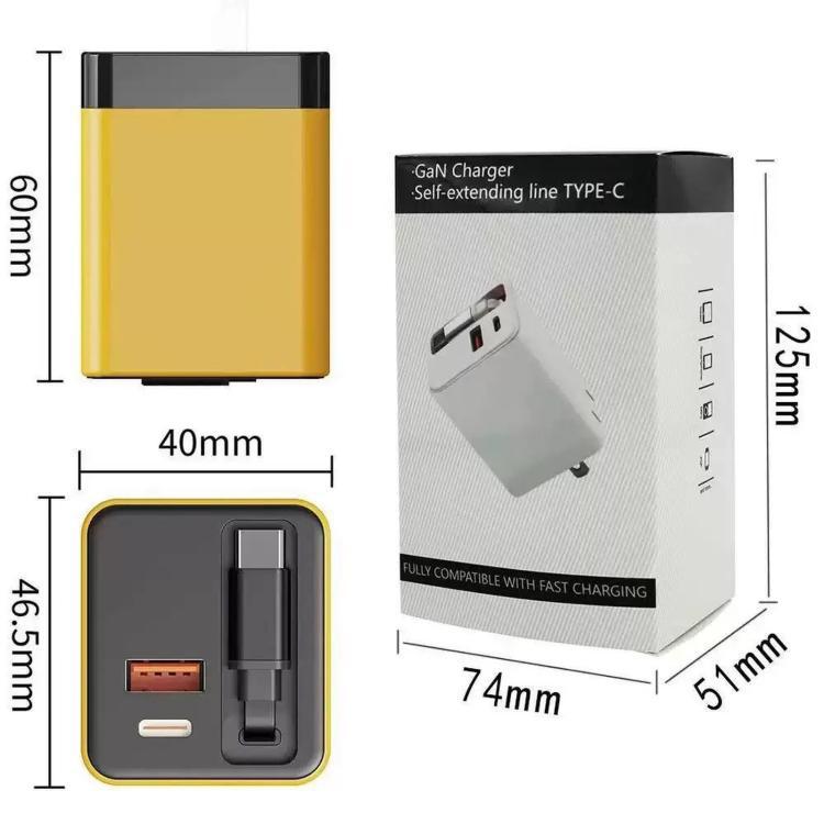 120W GaN Wall Charger with Built-in Retractable USB-C Cable 3-Port Fast Charging Block UK Plug