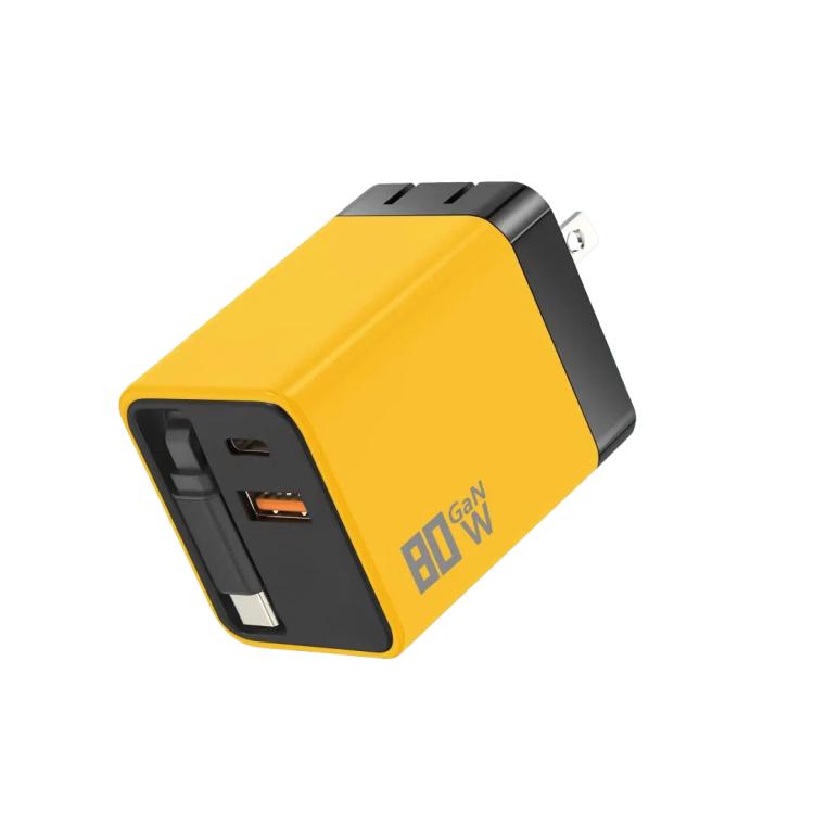 80W GaN Wall Charger With Built-In Retractable USB-C Cable 3-Port Fast Charging Block US Plug