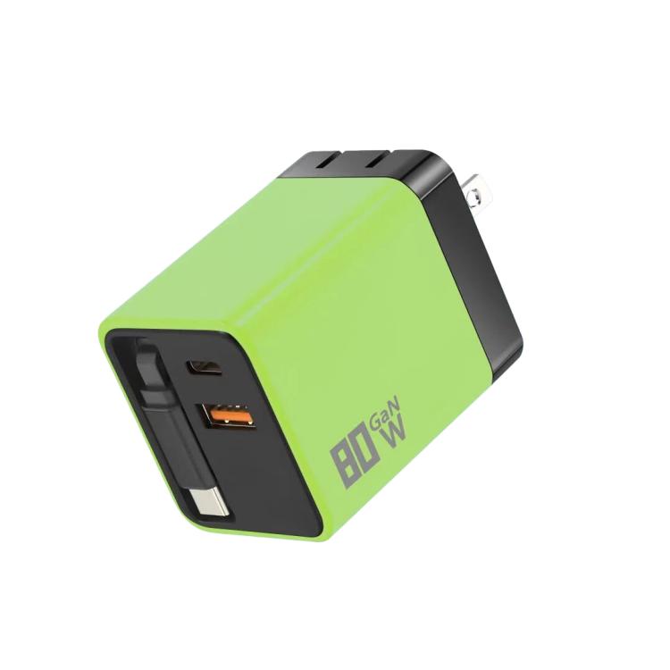 80W GaN Wall Charger With Built-In Retractable USB-C Cable 3-Port Fast Charging Block US Plug