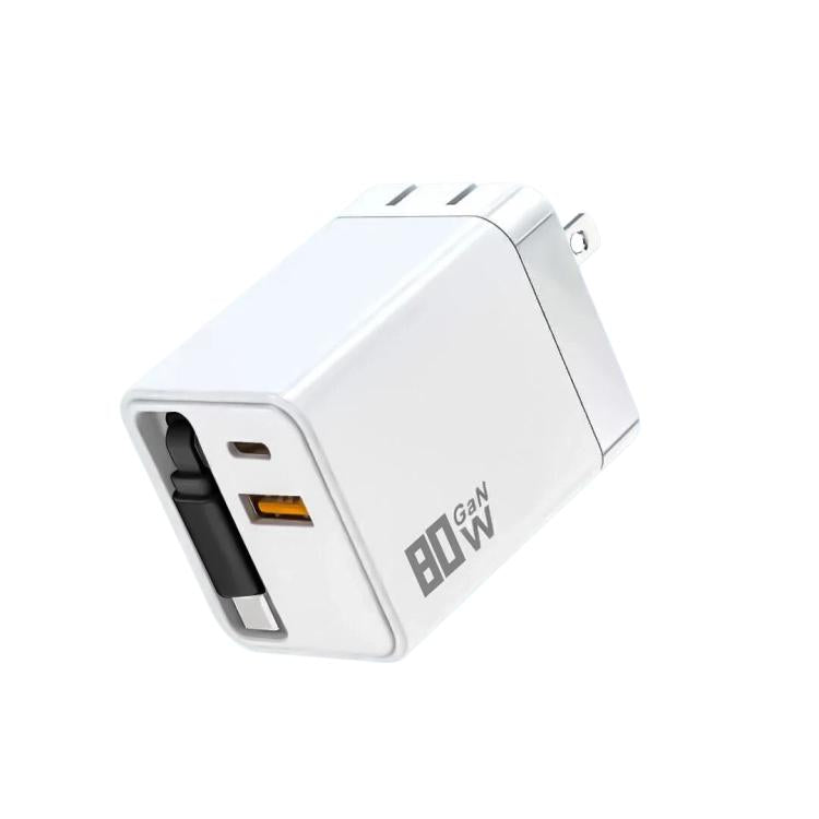 80W GaN Wall Charger With Built-In Retractable USB-C Cable 3-Port Fast Charging Block US Plug