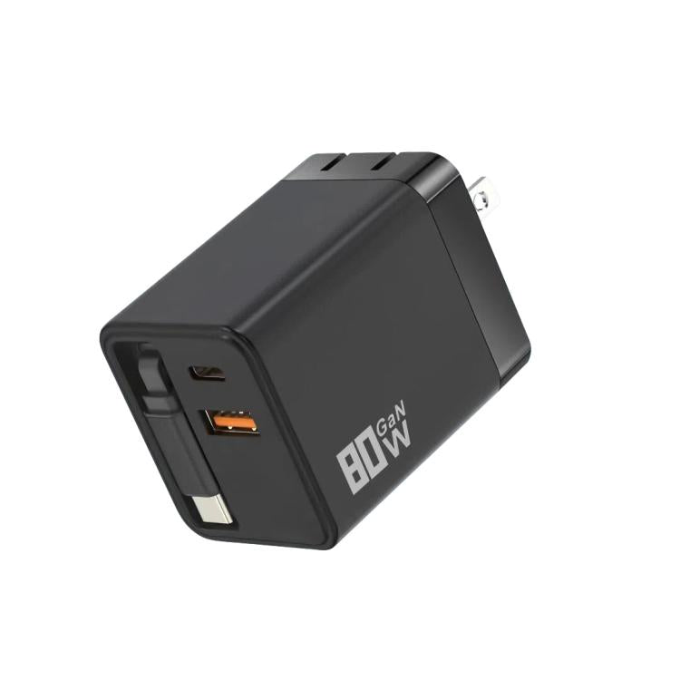 80W GaN Wall Charger With Built-In Retractable USB-C Cable 3-Port Fast Charging Block US Plug