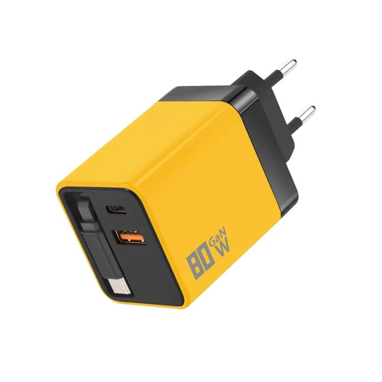 80W GaN Wall Charger With Built-In Retractable USB-C Cable 3-Port Fast Charging Block EU Plug