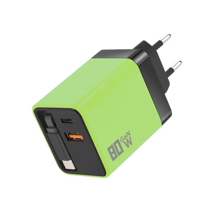 80W GaN Wall Charger With Built-In Retractable USB-C Cable 3-Port Fast Charging Block EU Plug