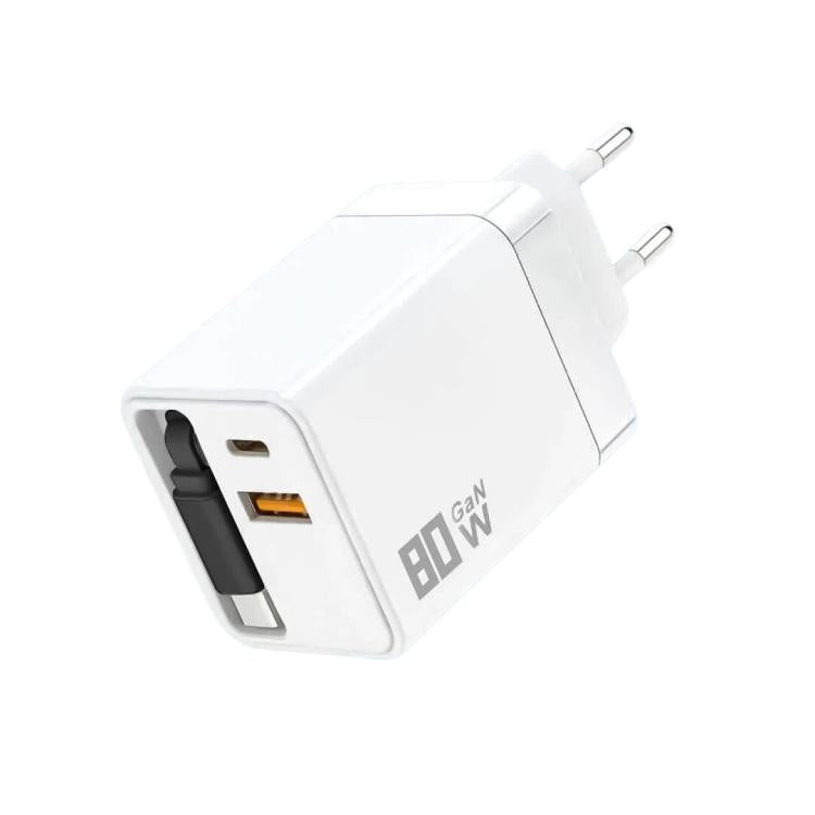 80W GaN Wall Charger With Built-In Retractable USB-C Cable 3-Port Fast Charging Block EU Plug