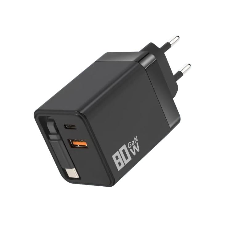 80W GaN Wall Charger With Built-In Retractable USB-C Cable 3-Port Fast Charging Block EU Plug