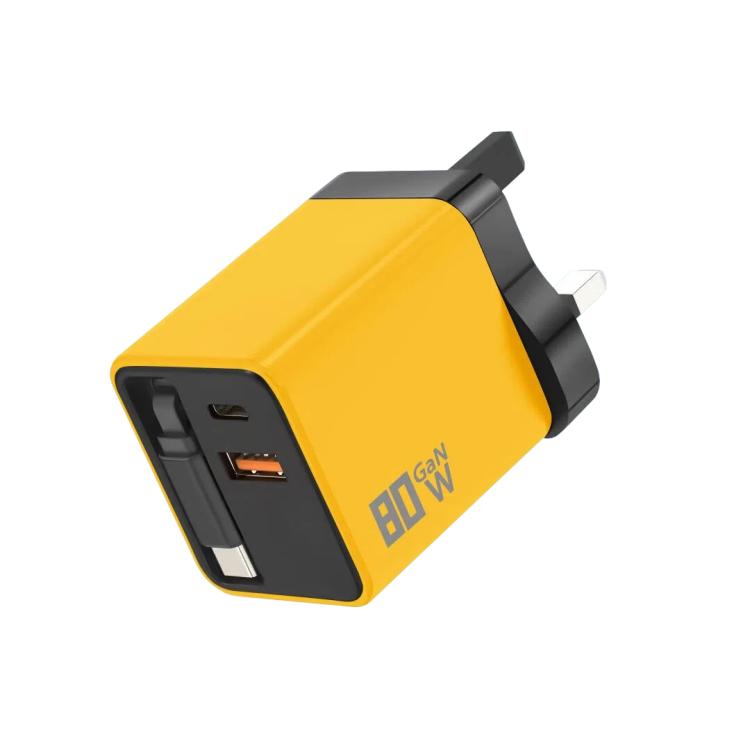 80W GaN Wall Charger With Built-In Retractable USB-C Cable 3-Port Fast Charging Block UK Plug