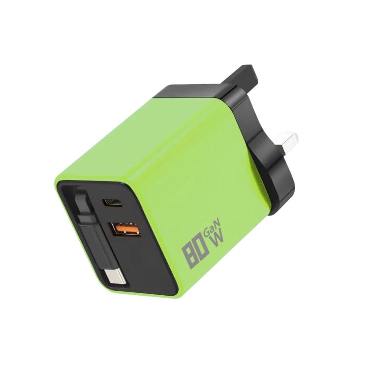 80W GaN Wall Charger With Built-In Retractable USB-C Cable 3-Port Fast Charging Block UK Plug