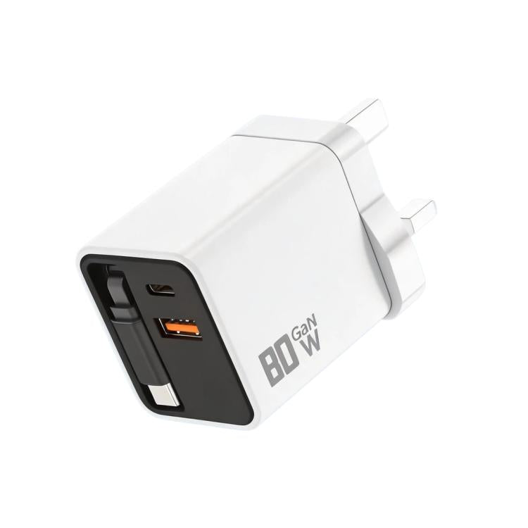 80W GaN Wall Charger With Built-In Retractable USB-C Cable 3-Port Fast Charging Block UK Plug