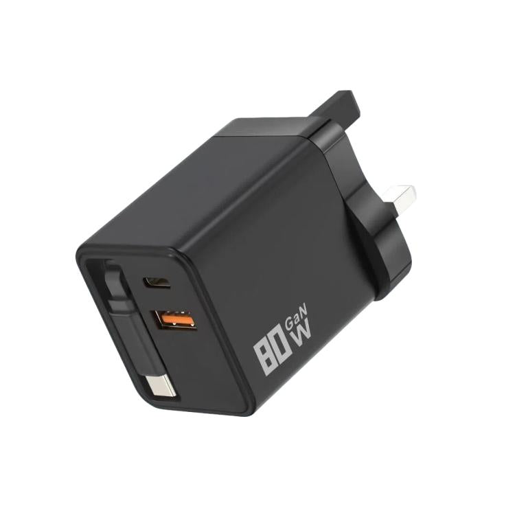 80W GaN Wall Charger With Built-In Retractable USB-C Cable 3-Port Fast Charging Block UK Plug