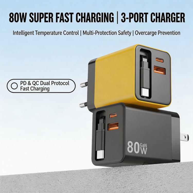 80W GaN Wall Charger With Built-In Retractable USB-C Cable 3-Port Fast Charging Block US Plug