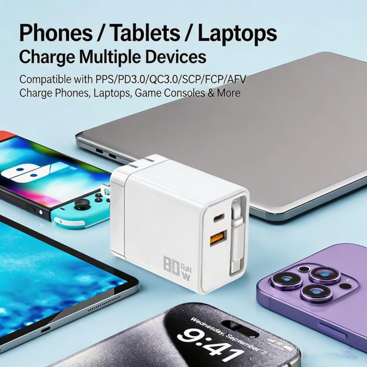80W GaN Wall Charger With Built-In Retractable USB-C Cable 3-Port Fast Charging Block US Plug