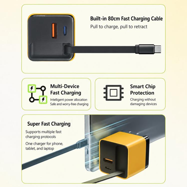 80W GaN Wall Charger With Built-In Retractable USB-C Cable 3-Port Fast Charging Block US Plug
