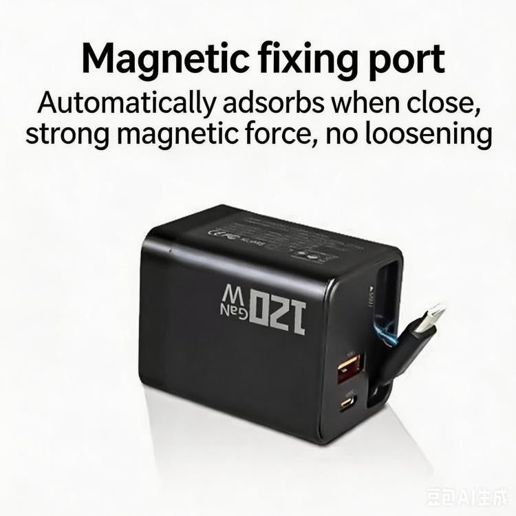 80W GaN Wall Charger With Built-In Retractable USB-C Cable 3-Port Fast Charging Block US Plug
