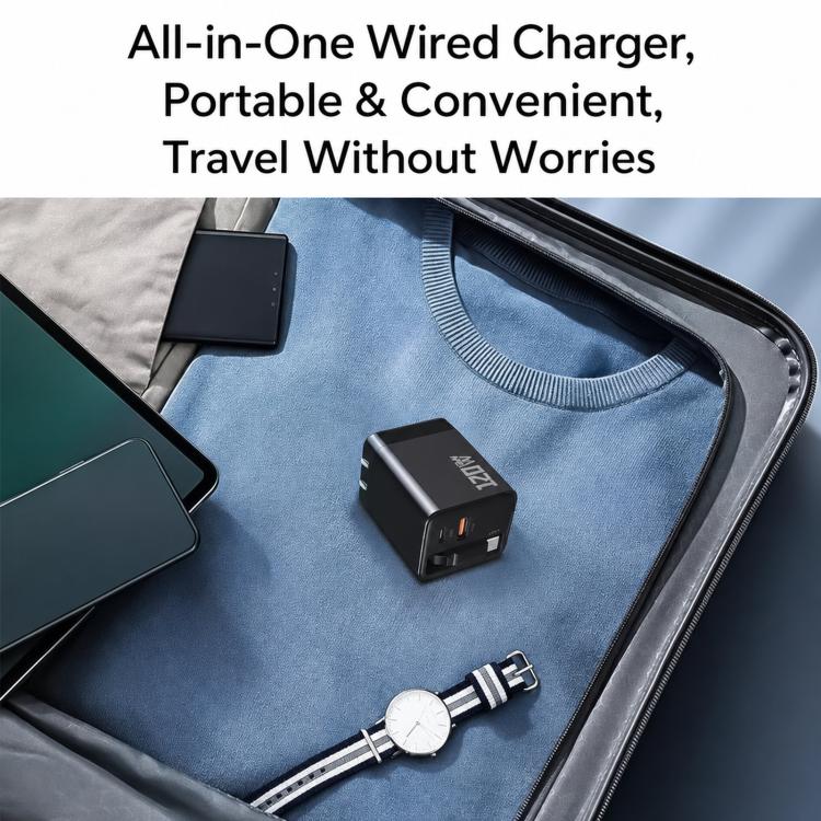 80W GaN Wall Charger With Built-In Retractable USB-C Cable 3-Port Fast Charging Block US Plug