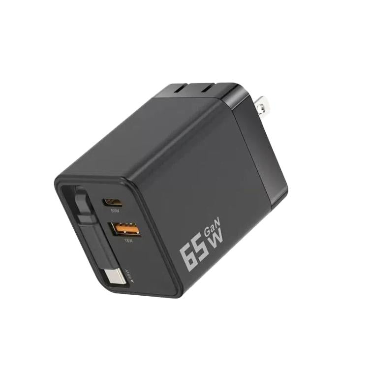 65W GaN Wall Charger With Built-In Retractable USB-C Cable 3-Port Fast Charging Block US Plug