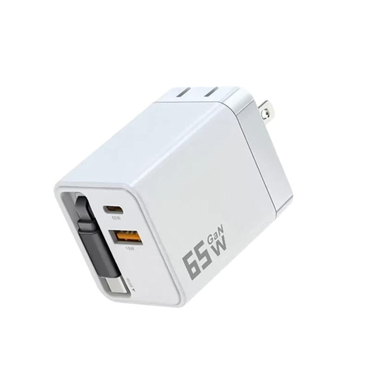 65W GaN Wall Charger With Built-In Retractable USB-C Cable 3-Port Fast Charging Block US Plug
