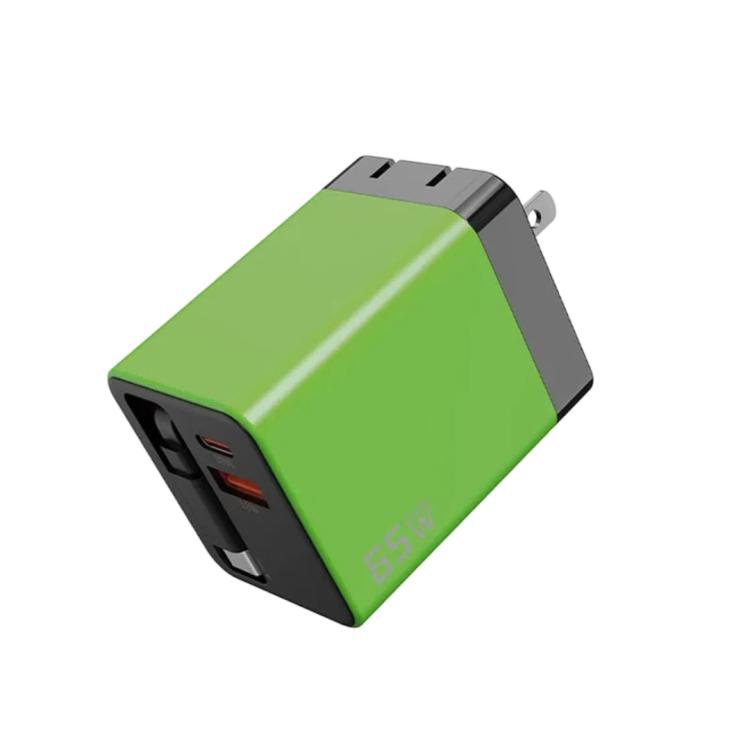 65W GaN Wall Charger With Built-In Retractable USB-C Cable 3-Port Fast Charging Block US Plug