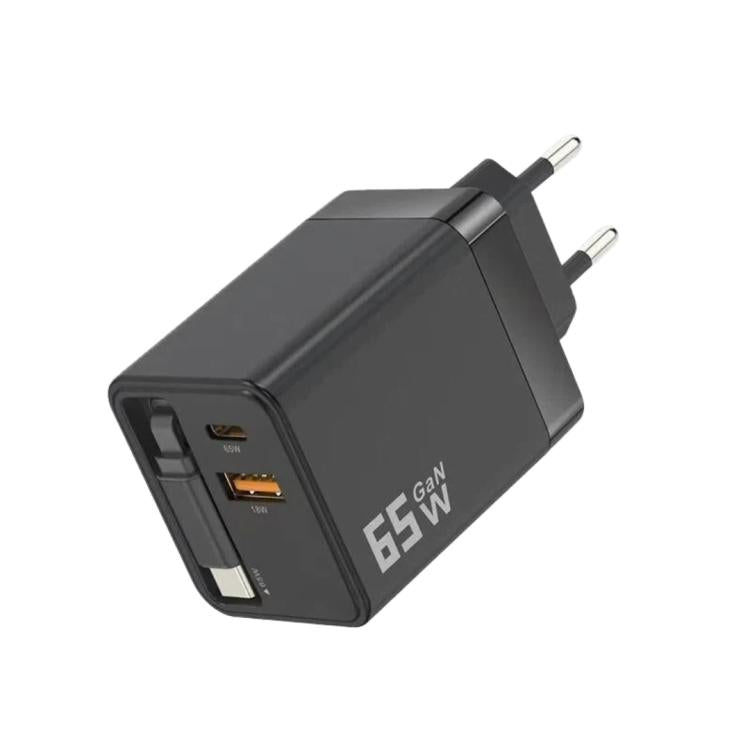65W GaN Wall Charger With Built-In Retractable USB-C Cable 3-Port Fast Charging Block EU Plug