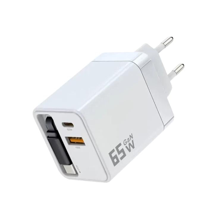 65W GaN Wall Charger With Built-In Retractable USB-C Cable 3-Port Fast Charging Block EU Plug