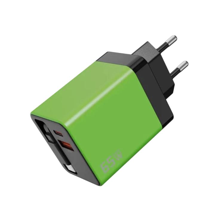 65W GaN Wall Charger With Built-In Retractable USB-C Cable 3-Port Fast Charging Block EU Plug