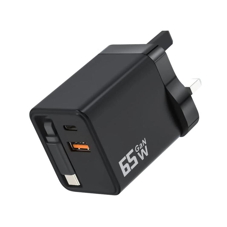 65W GaN Wall Charger With Built-In Retractable USB-C Cable 3-Port Fast Charging Block UK Plug