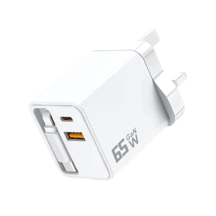 65W GaN Wall Charger With Built-In Retractable USB-C Cable 3-Port Fast Charging Block UK Plug