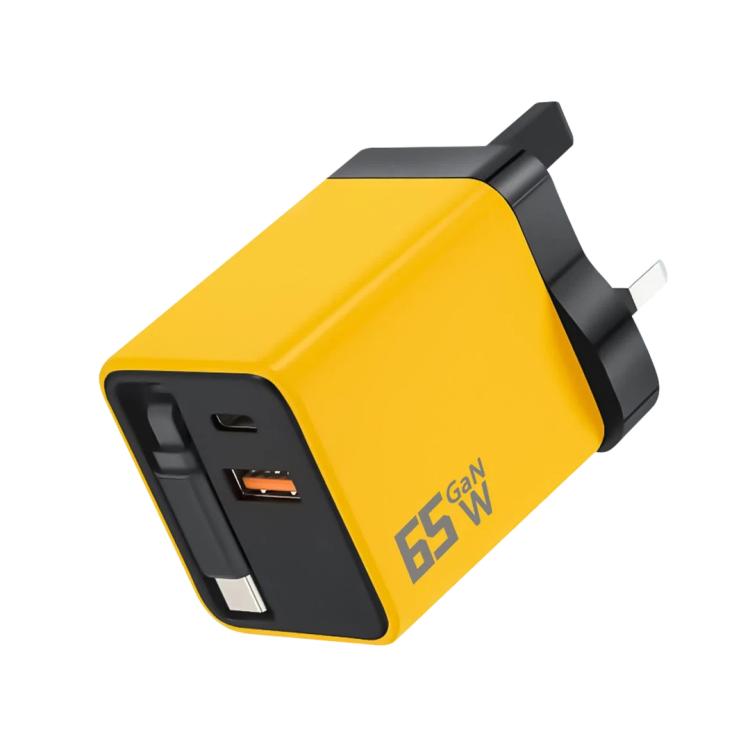 65W GaN Wall Charger With Built-In Retractable USB-C Cable 3-Port Fast Charging Block UK Plug