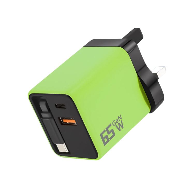 65W GaN Wall Charger With Built-In Retractable USB-C Cable 3-Port Fast Charging Block UK Plug