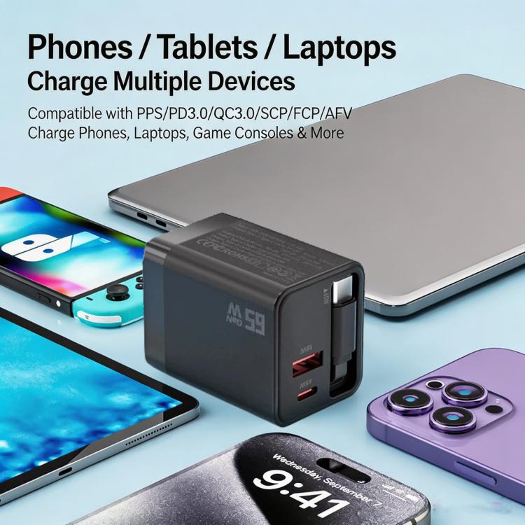 65W GaN Wall Charger With Built-In Retractable USB-C Cable 3-Port Fast Charging Block US Plug