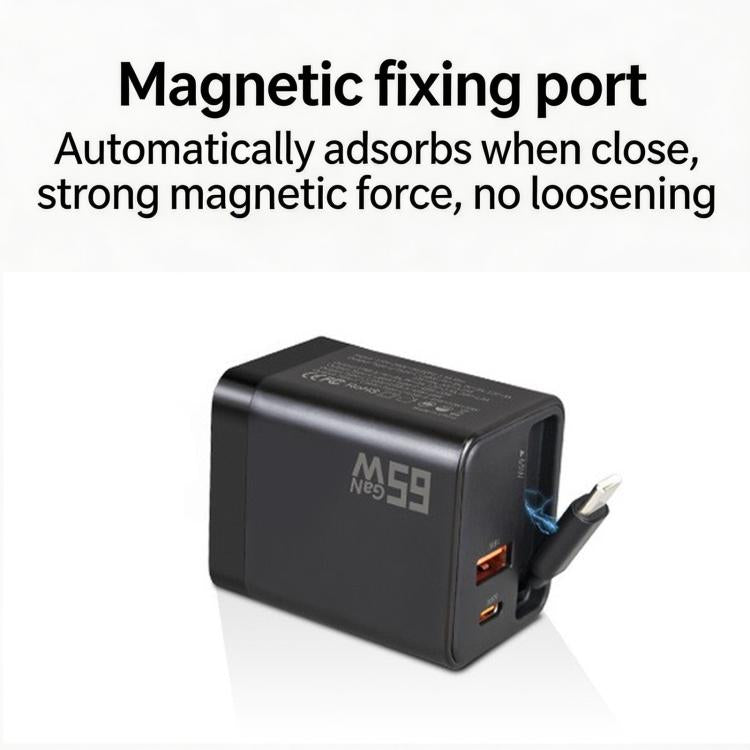 65W GaN Wall Charger With Built-In Retractable USB-C Cable 3-Port Fast Charging Block US Plug