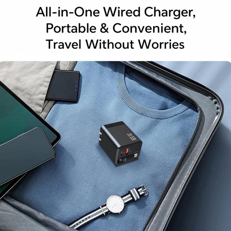 65W GaN Wall Charger With Built-In Retractable USB-C Cable 3-Port Fast Charging Block EU Plug