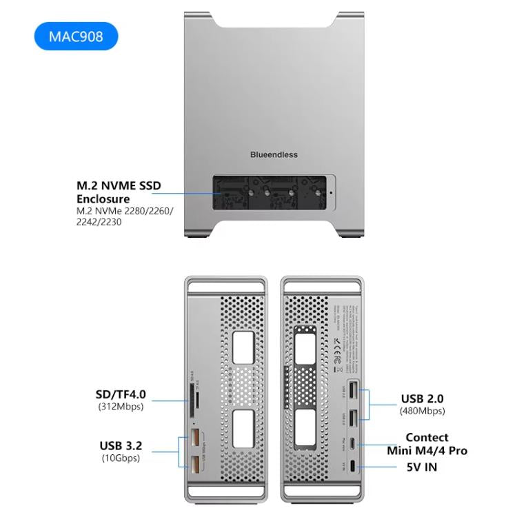 Blueendless MAC908 For Mac Mini M4 Stand & Hub With SSD Enclosure 2xUSB3.2+2xUSB2.0+SD/TF4.0+USB-C