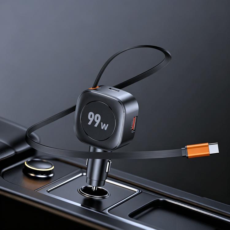 C31 99W Car Phone Charger PD Fast Charging With Retractable Cable - Black