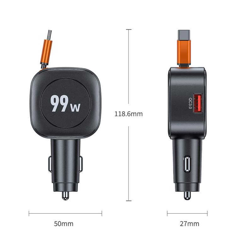 C31 99W Car Phone Charger PD Fast Charging With Retractable Cable - Black
