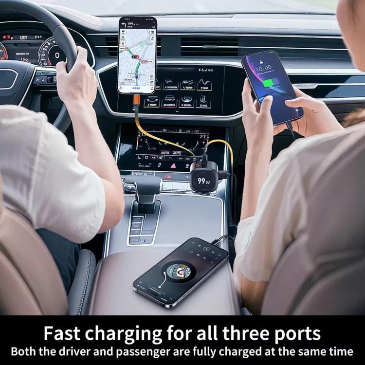 C31 99W Car Phone Charger PD Fast Charging With Retractable Cable - Black