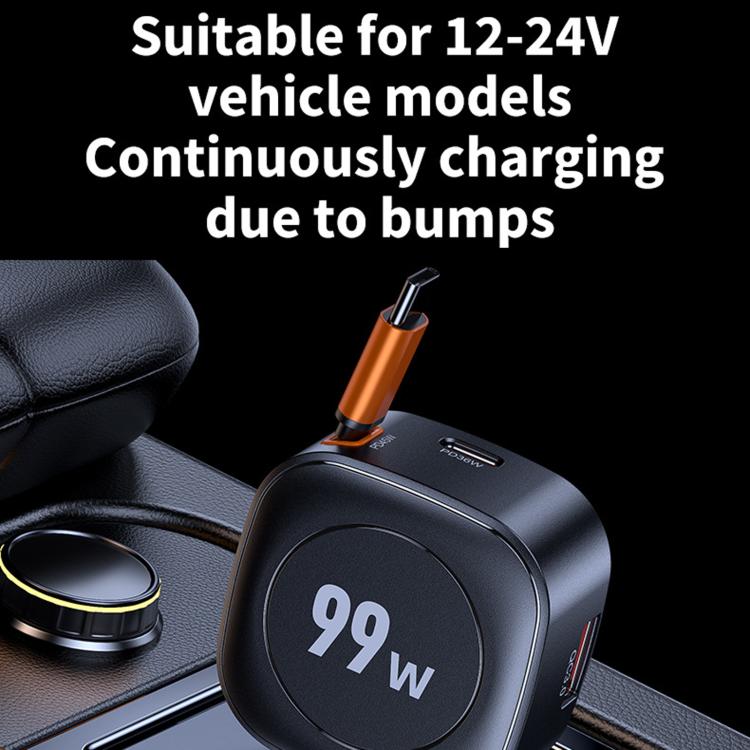 C31 99W Car Phone Charger PD Fast Charging With Retractable Cable - Black