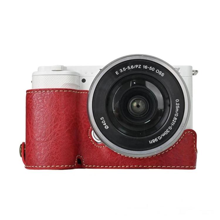 For Sony ZV-E10 Vintage PU Leather Camera Case Bag Retro Lychee Pattern Protective Cover with Shoulder Strap