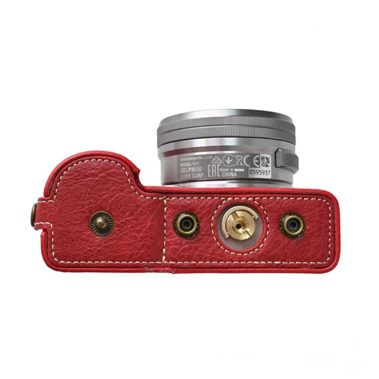 For Sony ZV-E10 Vintage PU Leather Camera Case Bag Retro Lychee Pattern Protective Cover with Shoulder Strap